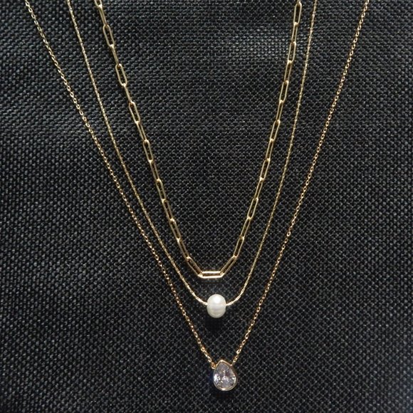 Three Chain Layered Necklace with Simple Pendants - Picture 4 of 5